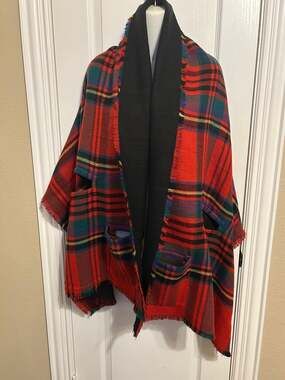 Grace & Lace Red Plaid Fringe Ruana Cape with Black Contrast Collar